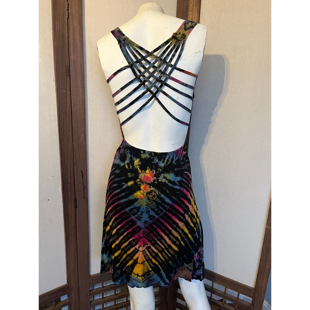 Handmade Psychedelic Tie Dye Cage Back Festival Dress – Open Back Boho Mini